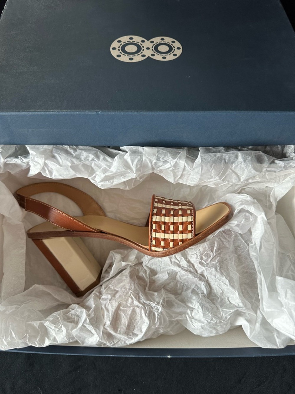 Made in Italy Brown & Cream Woven Slingback Block Heels strap and buckle sandals